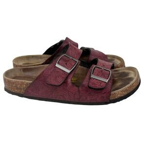 Viking Slide Sandals EU 39 Red Leather Floral Embossed Cork Footbed Adjustable